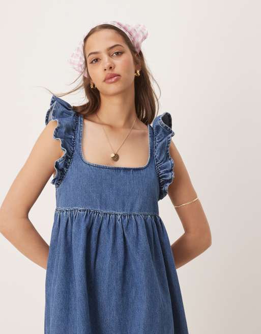 ASOS DESIGN denim smock maxi dress with bow back in midwash blue