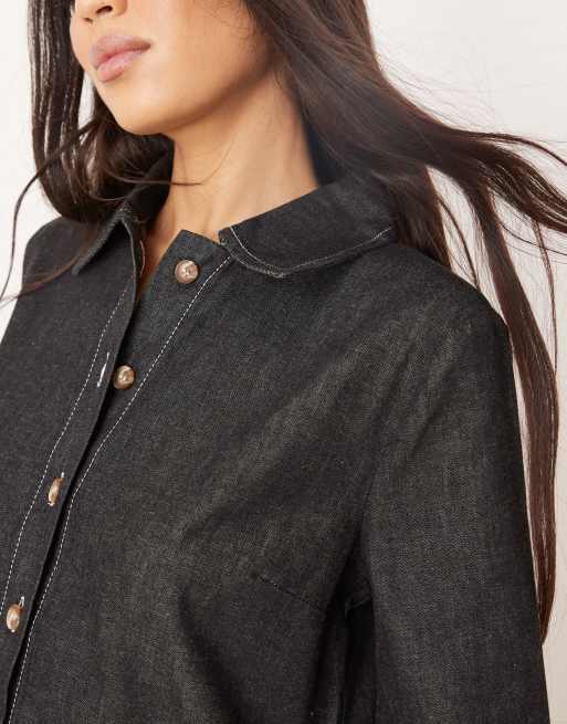 ASOS DESIGN denim smock mini dress with dropped waist in black