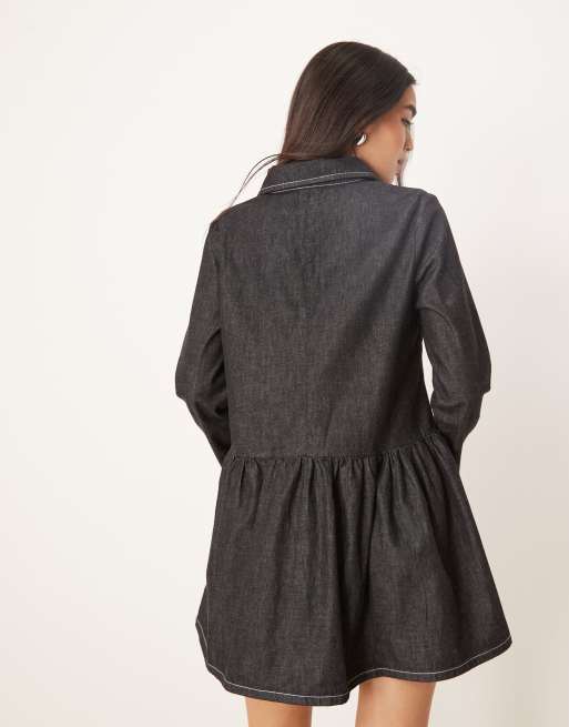 ASOS DESIGN denim smock mini dress with dropped waist in black
