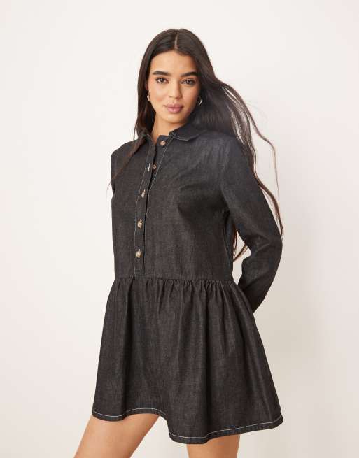 ASOS DESIGN denim smock mini dress with dropped waist in black