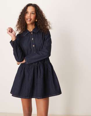 denim smock mini dress with dropped waist-Blue