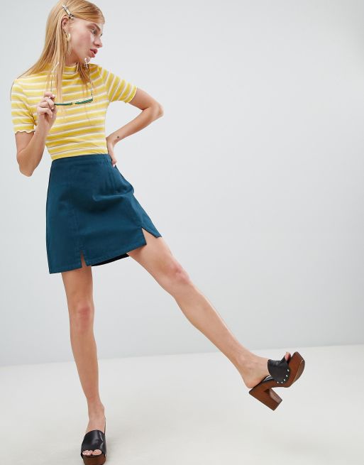 sage green twist front split leg mini skirt