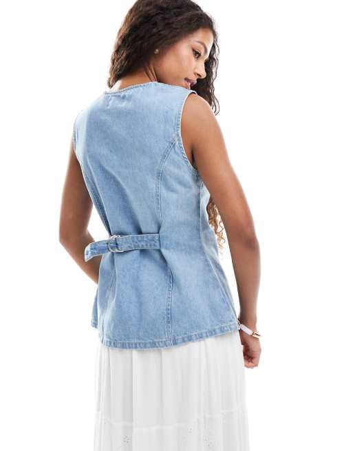 ASOS DESIGN denim split front vest in mid blue, 3 of 4