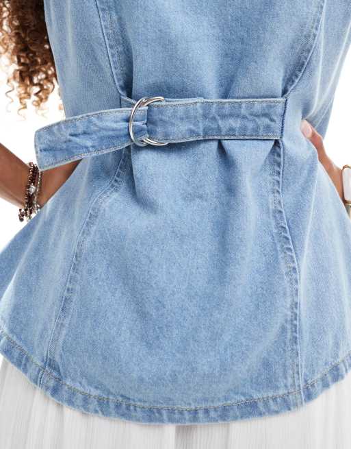 ASOS DESIGN denim split front vest in mid blue, 4 of 4