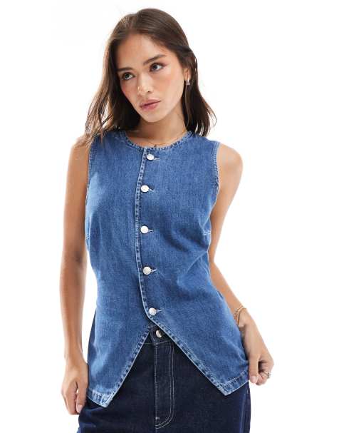 ASOS DESIGN denim split front waistcoat in mid blue - view 1