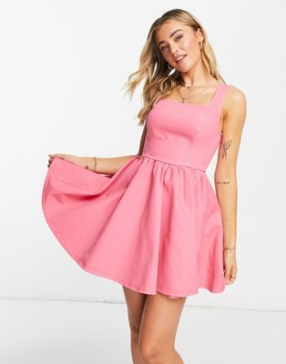 ASOS DESIGN denim square neck dress with full skirt in pink - ASOS Price Checker