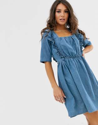 ASOS DESIGN denim square neck frill smock dress in blue | ASOS