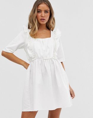 ASOS DESIGN denim square neck frill smock dress in white | ASOS