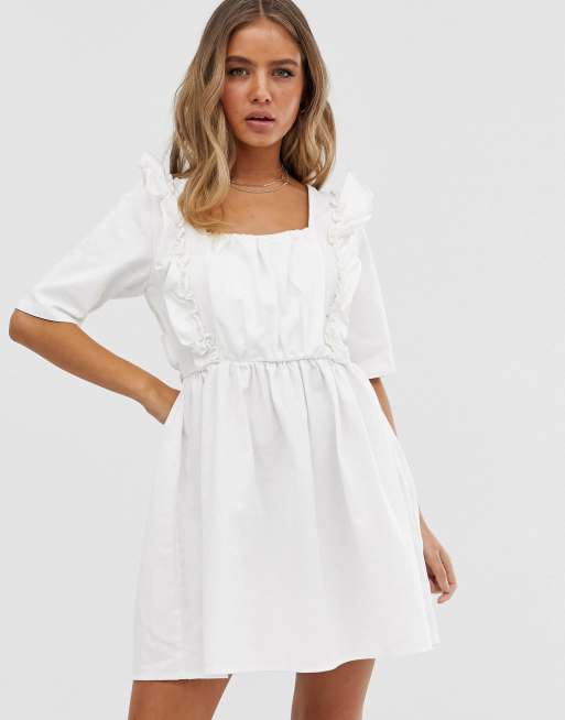 ASOS DESIGN denim square neck frill smock dress in white