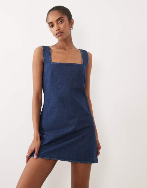 ASOS DESIGN denim square neck mini dress in mid blue - view 1