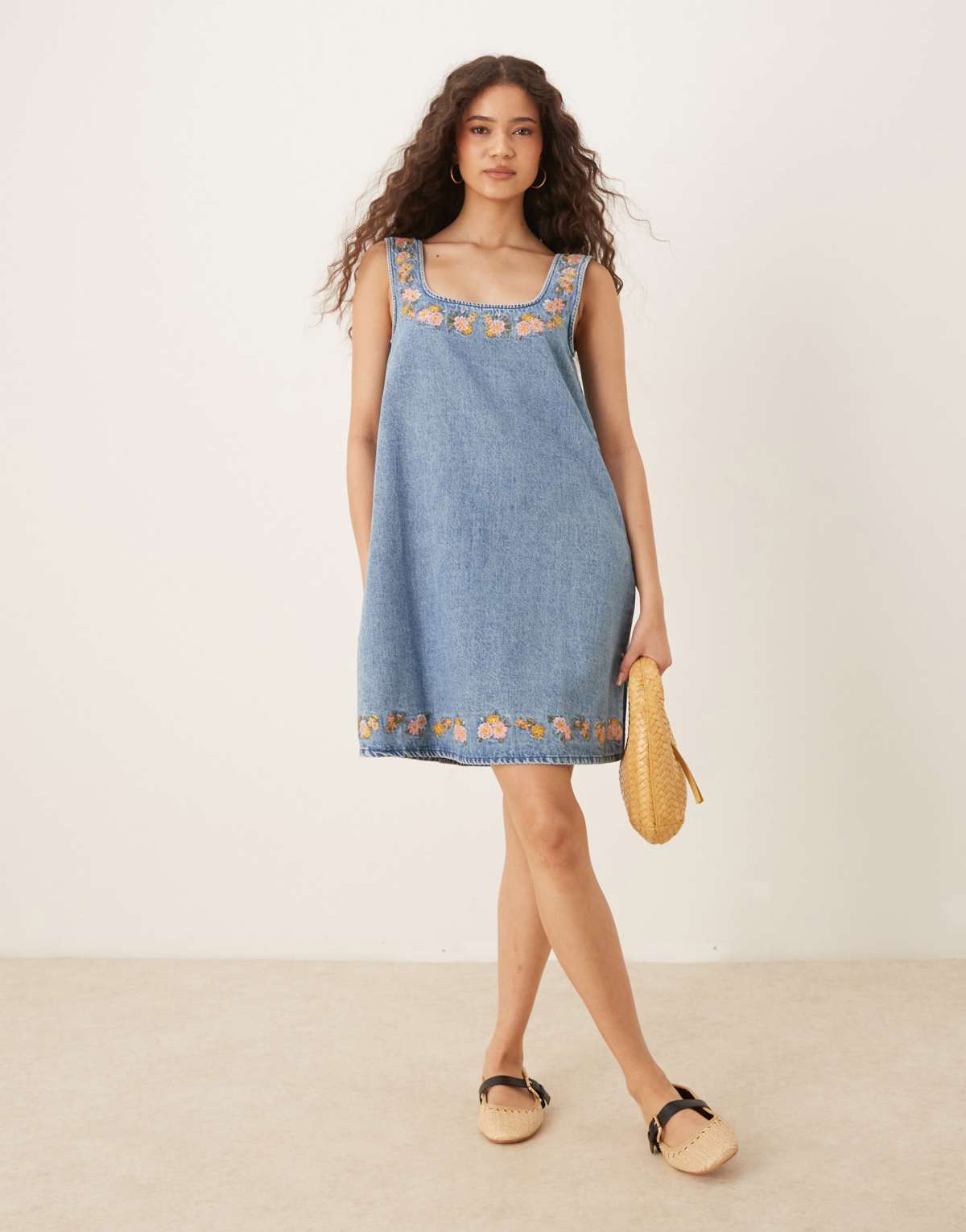 ASOS DESIGN denim square neck mini dress with embroidery in midwash blue