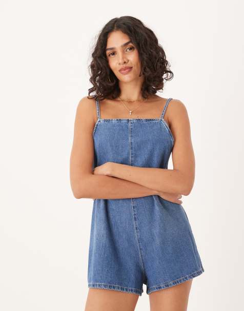 ASOS DESIGN denim square neck romper in bromo wash - view 1