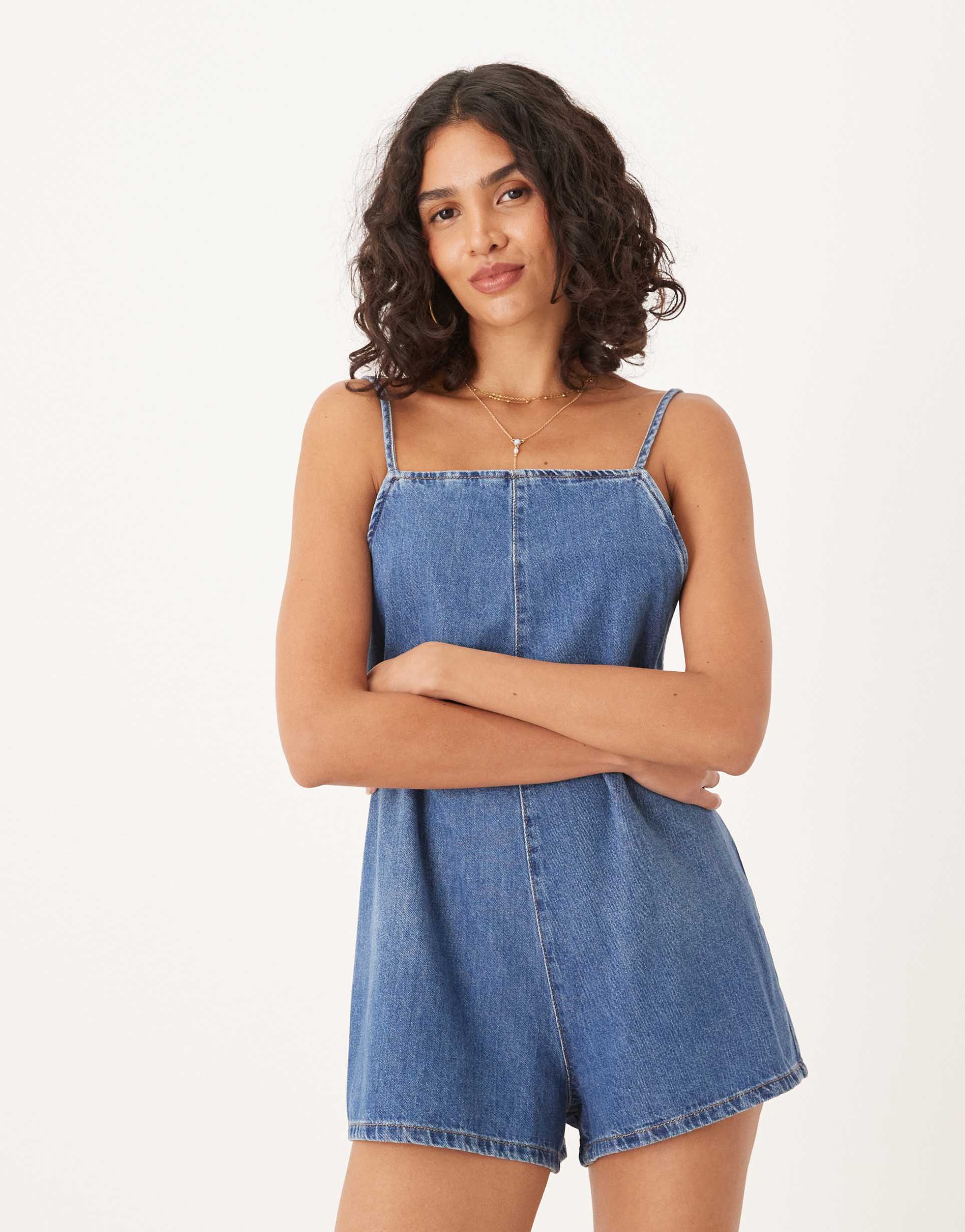asos design denim square neck romper in bromo wash