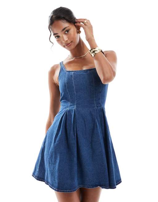 ASOS DESIGN denim square neck seam detail flared mini dress in mid blue