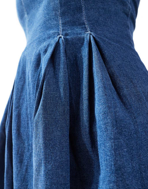 ASOS DESIGN denim square neck seam detail flared mini dress in mid blue