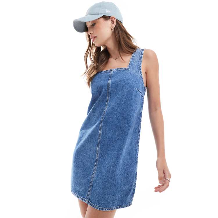 ASOS DESIGN denim square neck shift dress in mid blue | ASOS