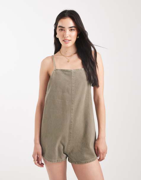 ASOS DESIGN denim square playsuit in khaki - view 1
