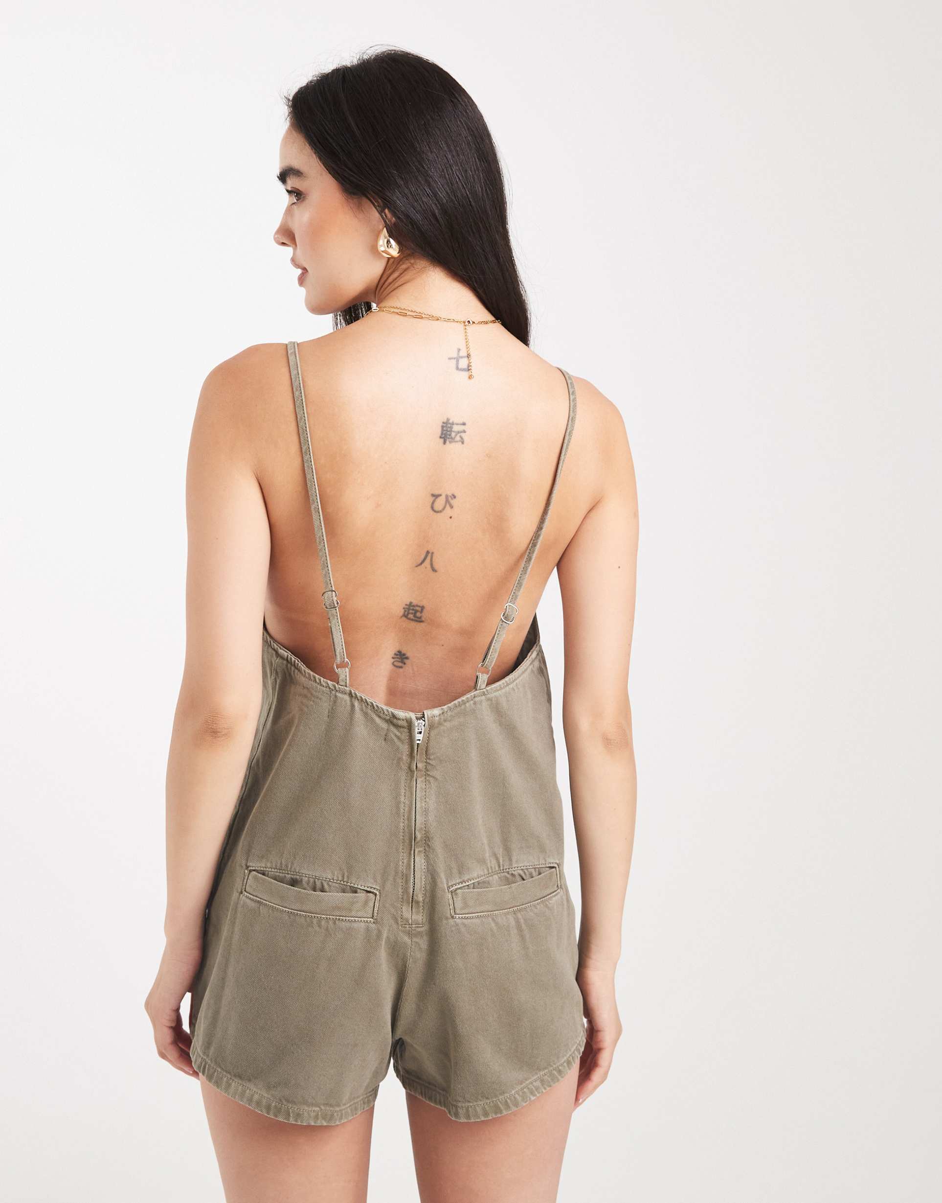 asos design denim square romper in khaki