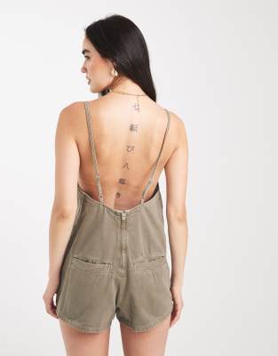 Asos Design Denim Square Romper In Green