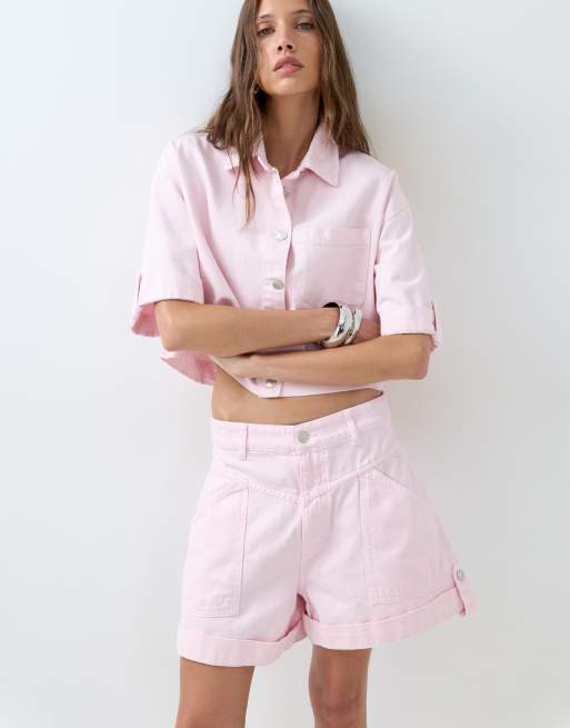 ASOS DESIGN denim sæt med shorts og søm foran i pink, 2 af 5