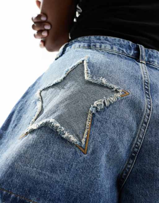 ASOS DESIGN denim star patch a line shorts in mid blue, 3 of 5