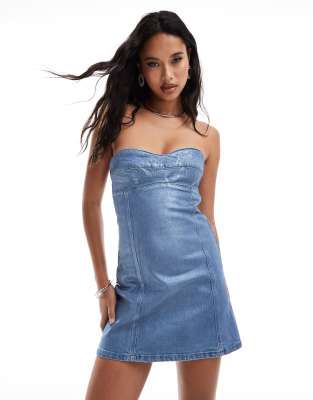 Asos Design Denim Strapless Mini Dress In Metallic Blue-gold