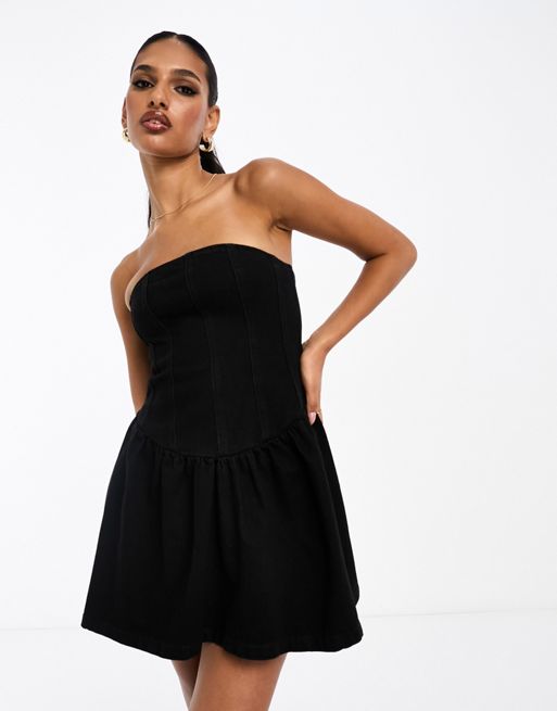ASOS Design Denim Mini Dress with Chain Strap in Black