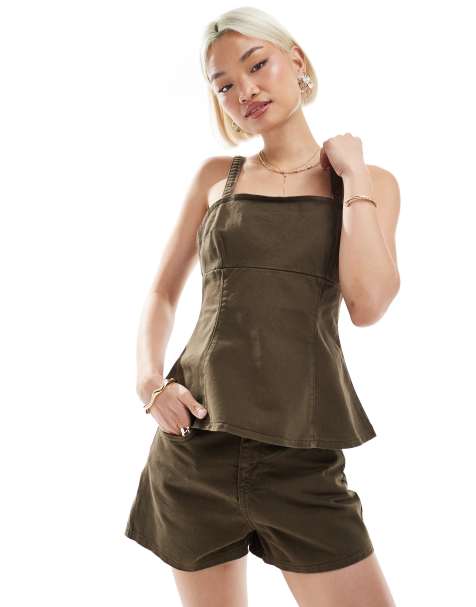 ASOS DESIGN denim strappy peplum top in brown