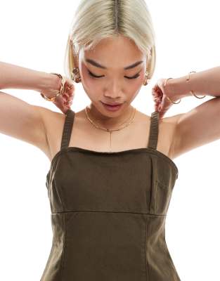 Asos Design Denim Strappy Peplum Top In Brown
