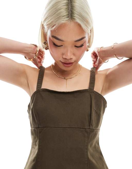 ASOS DESIGN denim strappy peplum top in brown, 2 of 4