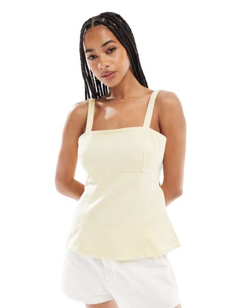ASOS DESIGN denim strappy peplum top in buttermilk yellow - view 1
