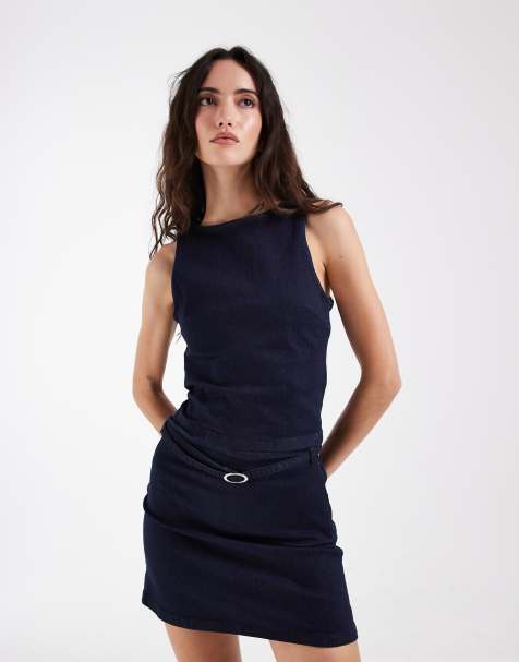 ASOS DESIGN denim stretch bodycon top in navy - part of a set - view 1