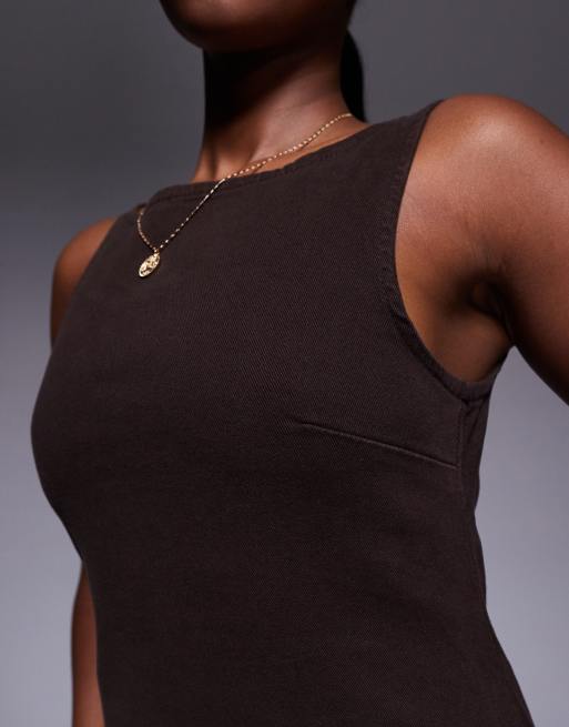 ASOS DESIGN denim stretch mini dress with seam detail in chocolate, 3 of 4