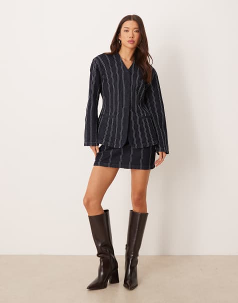 ASOS DESIGN denim structured navy pinstripe blazer with shoulder pad and skirt set - view 1
