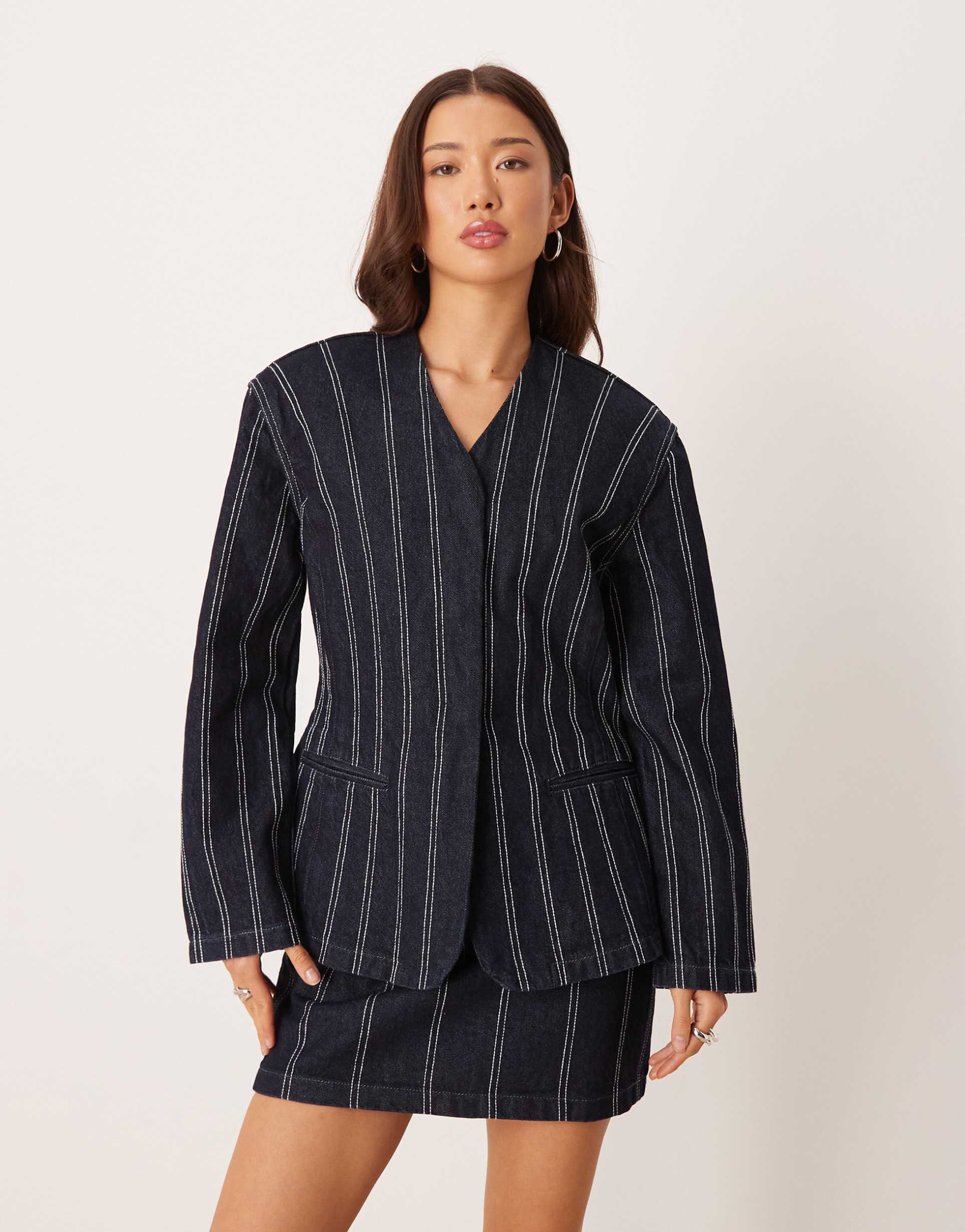 asos design denim structured navy pinstripe blazer with shoulder pad, part of a set