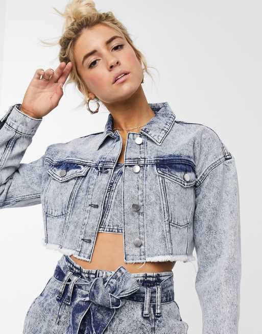 ASOS DESIGN denim super cropped jacket in blue acid wash