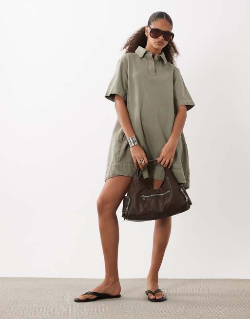 ASOS DESIGN denim swing polo shirt dress in khaki, 2 of 4