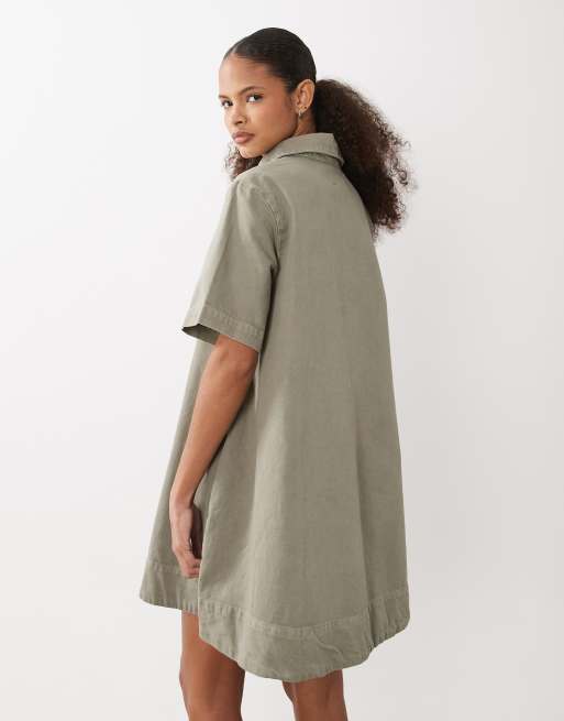 ASOS DESIGN denim swing polo shirt dress in khaki, 4 of 4