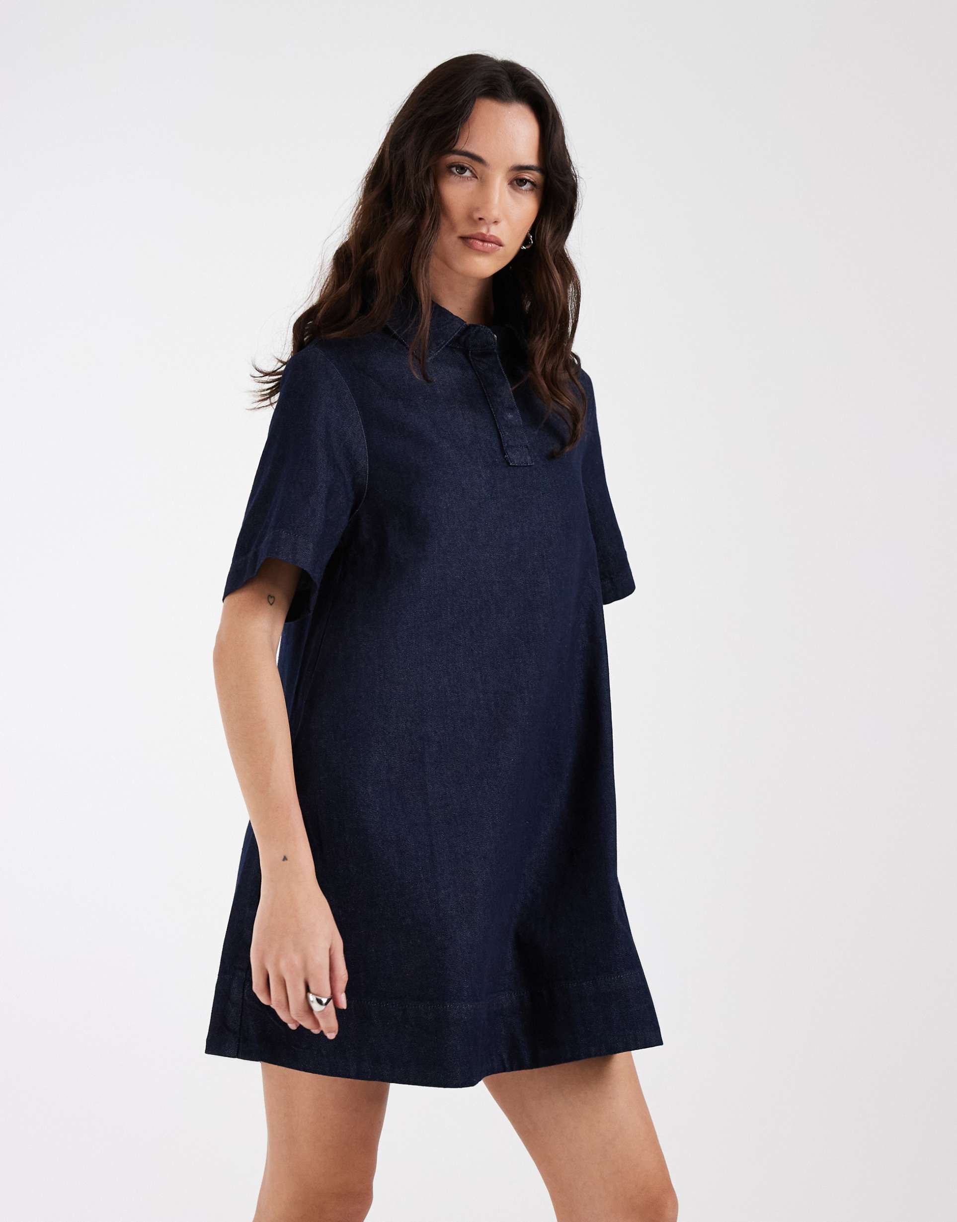 asos design denim swing polo shirt dress in rinse