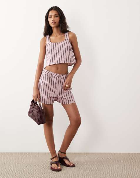 ASOS DESIGN denim swing top & denim longer a line short co-ord in stripe - view 1