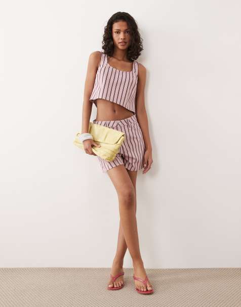 ASOS DESIGN denim swing top & denim longer A-line shorts set in stripe - view 1