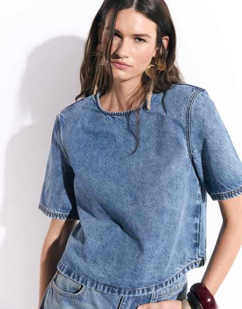 ASOS DESIGN denim t-shirt i set med axelvaddar i mellanblå denim - view 1