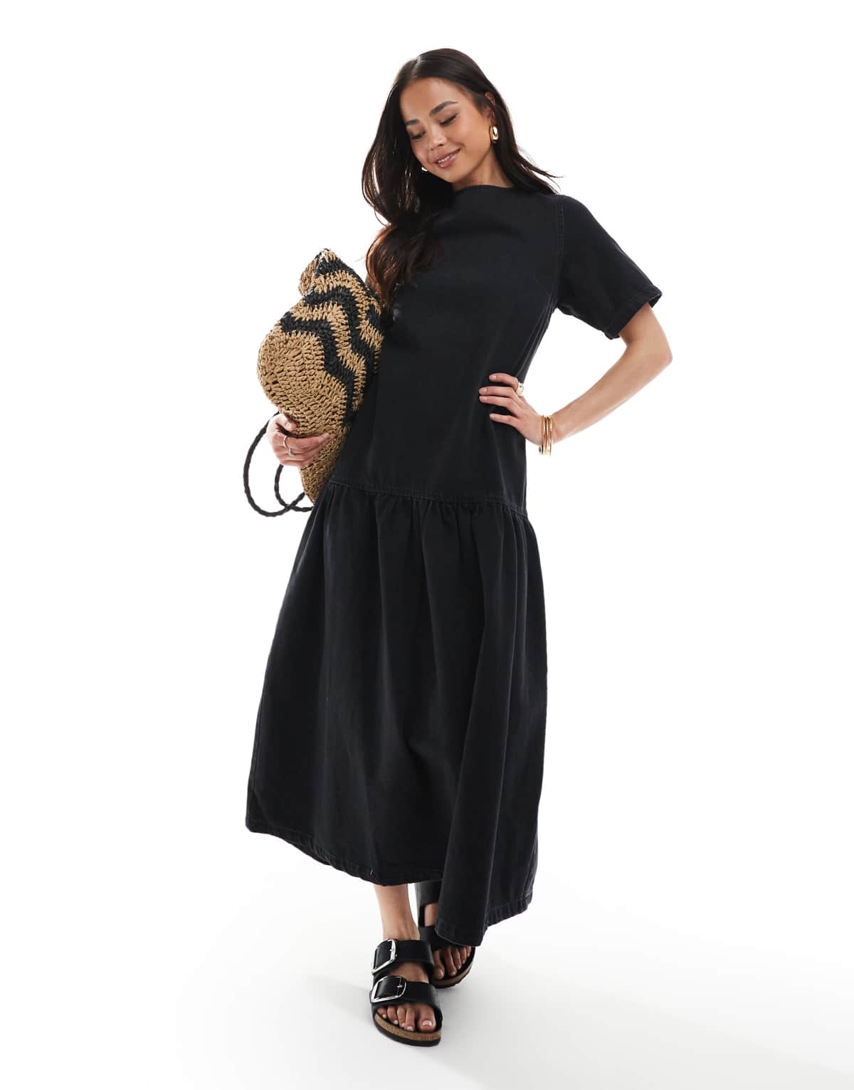 ASOS DESIGN denim t-shirt midi dress with drop waist in black