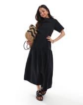 ASOS DESIGN ruched dropped waist denim dress with short sleeves in rinse wash