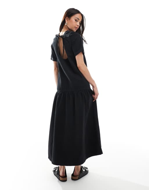 ASOS DESIGN denim t-shirt midi dress with dropped waist in black