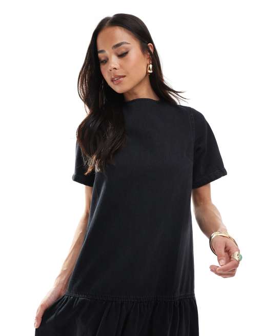 ASOS DESIGN denim t-shirt midi dress with dropped waist in black