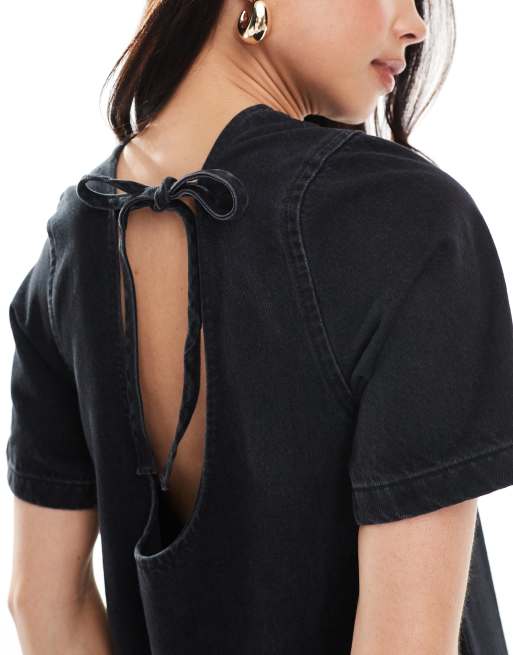 ASOS DESIGN denim t-shirt midi dress with dropped waist in black