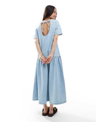Asos Design Denim T-shirt Midi Dress With Dropped Waist
