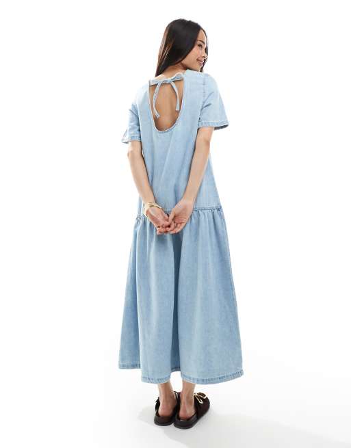 ASOS DESIGN denim t-shirt midi dress with dropped waist in midwash blue |  ASOS