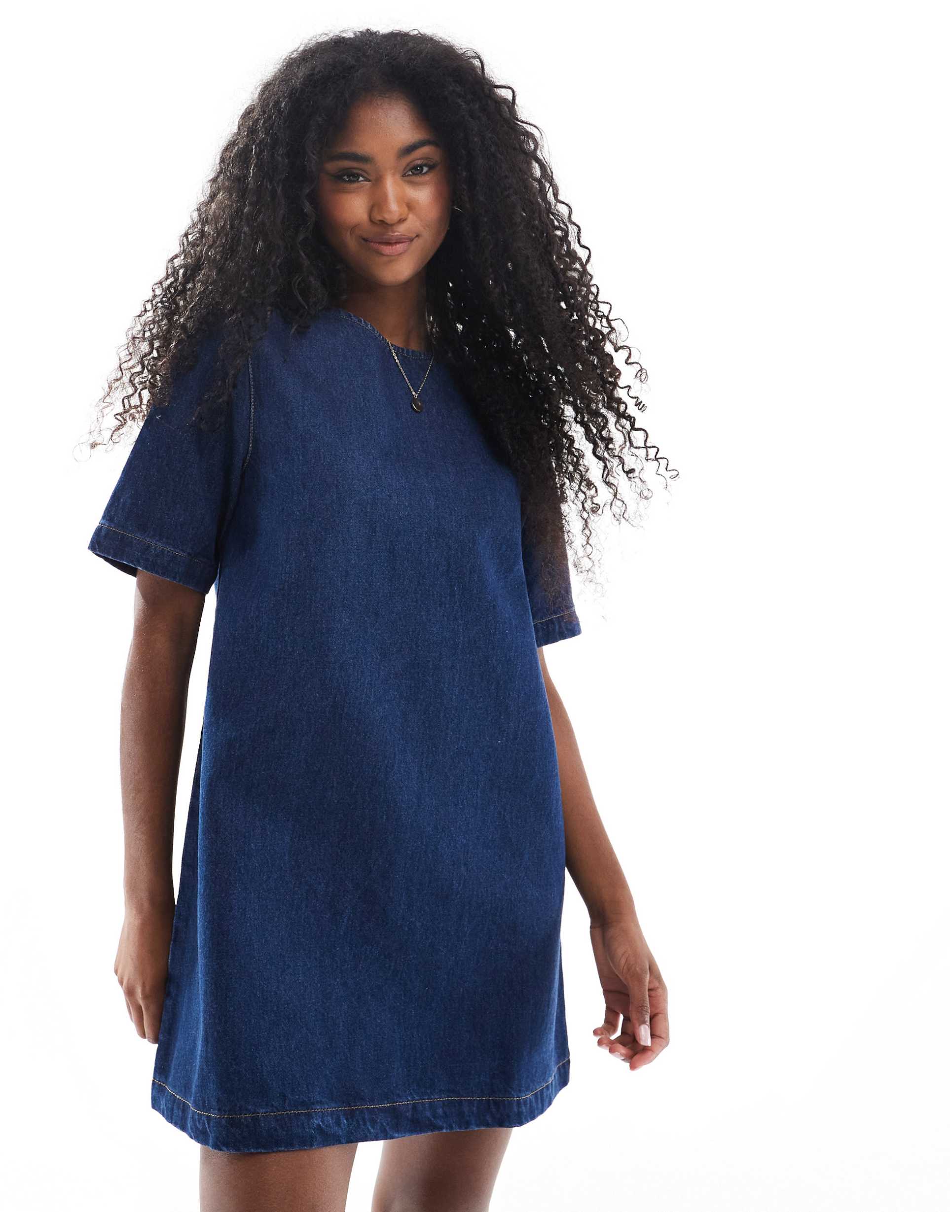 asos design denim t-shirt mini dress in dark blue